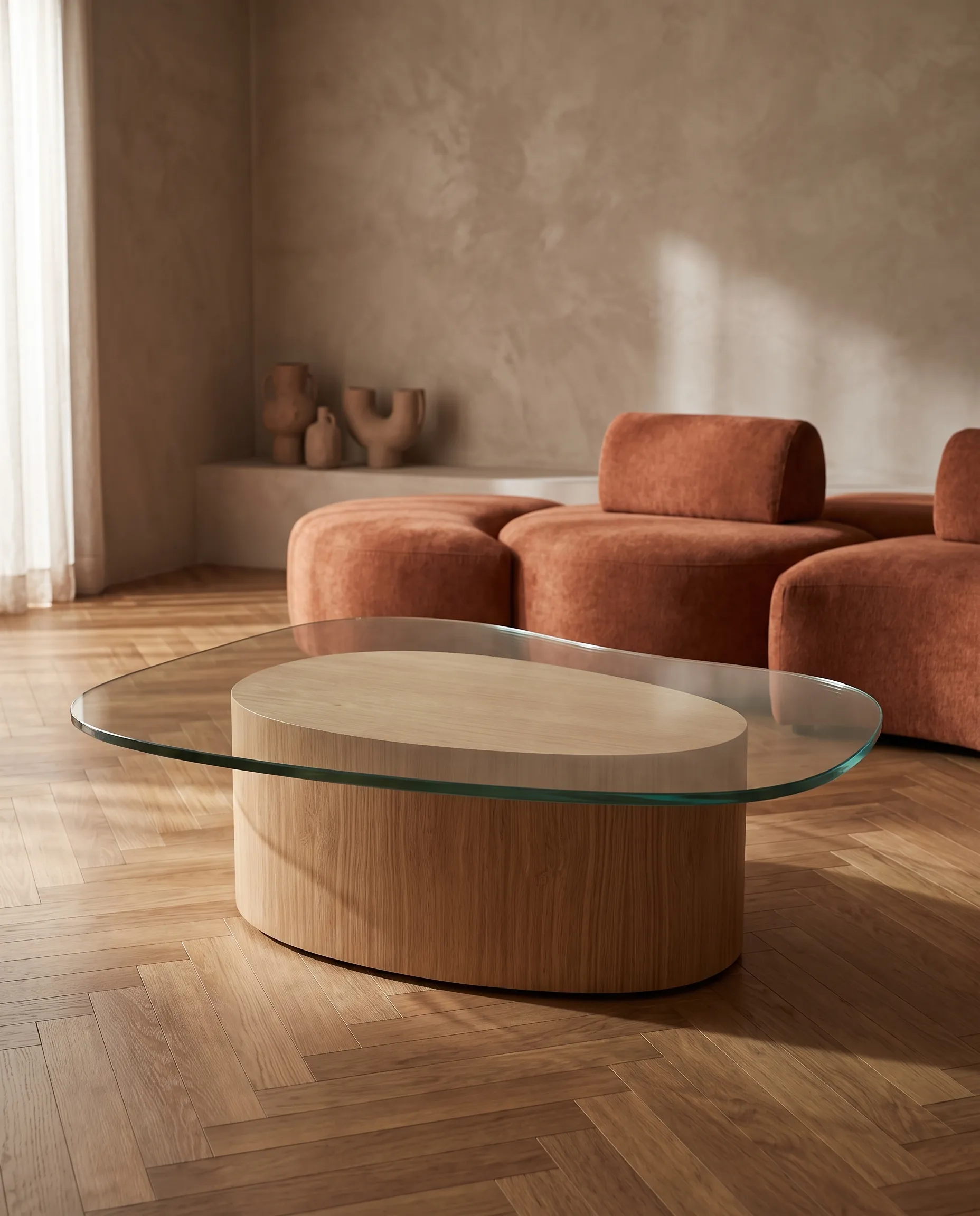 Mesa de Centro Cristallo Orgánica de la colección Solenne de Sierra, en ambiente
